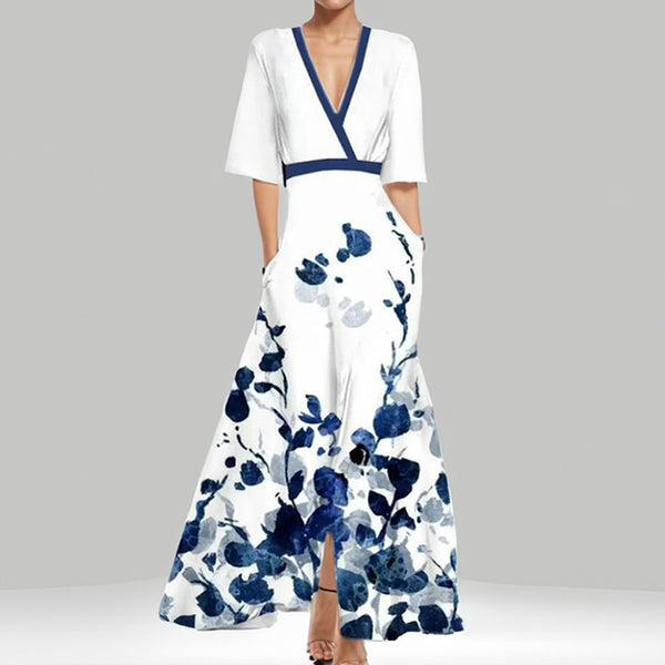 2026 Amazon European and American cross-border women's fashion and elegance V-neck print lace-up large skirt dress for women