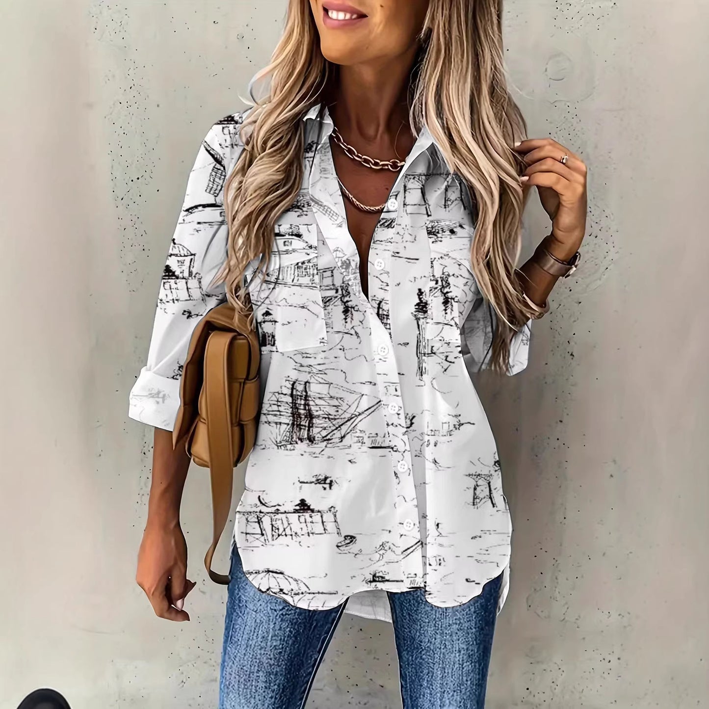 New 2024 European and American Women's Cross-border Western All-Season Versatile Pocket Loose Long Sleeve Lapel Plus Size Shirt