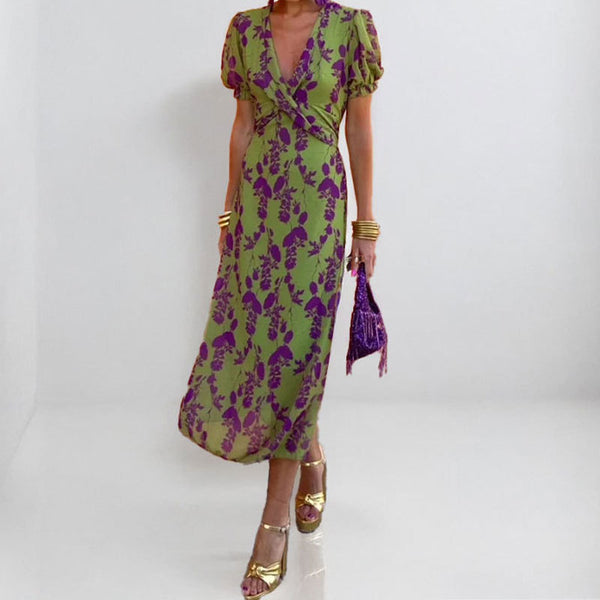 European and American cross-border women's clothing 2026 new temperament fashion printed V-neck pleated waist slim fit European and American dress women