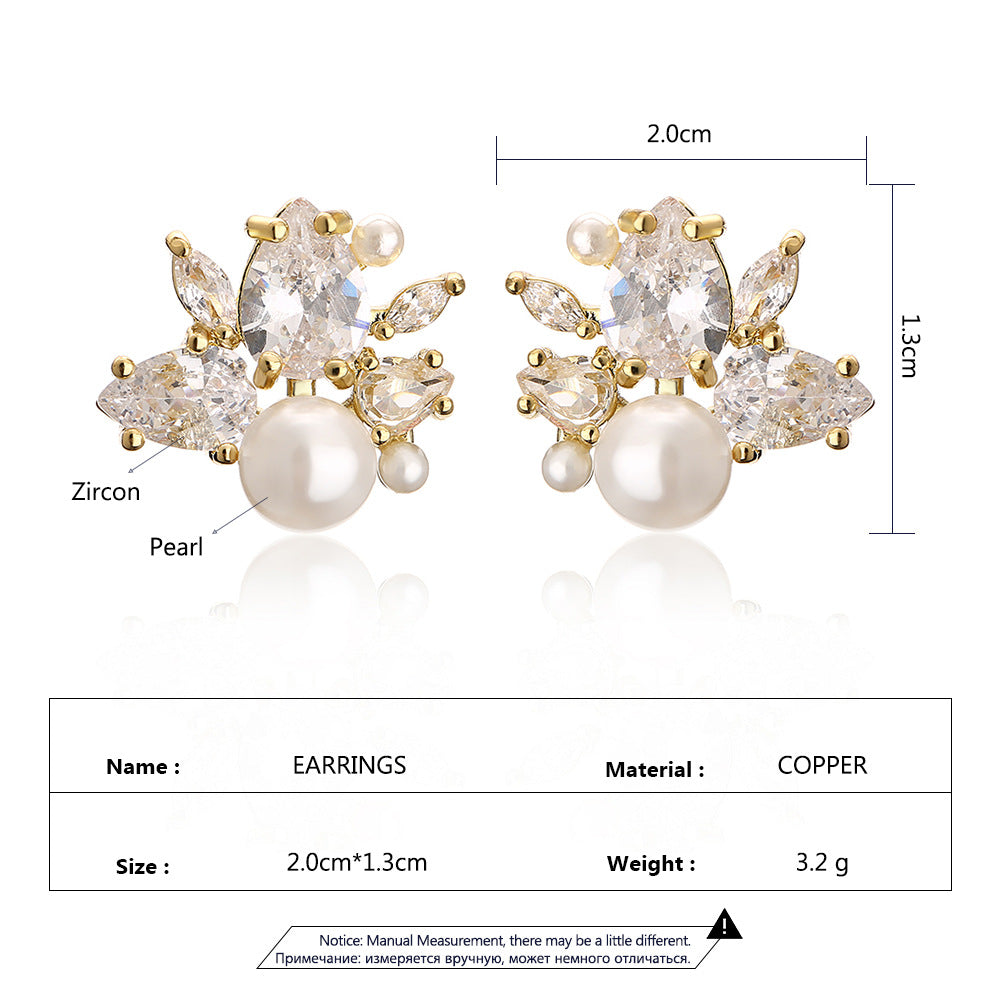 Korean exquisite compact design light luxury high-end pearl zircon earrings for women, personalized minimalist fashionable versatile stud earrings