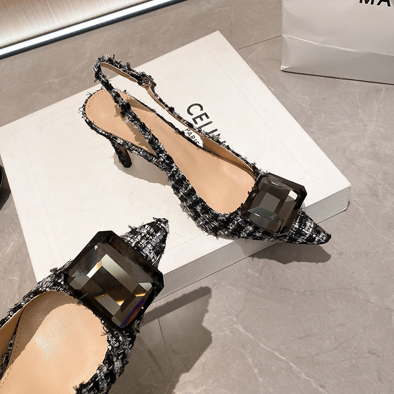 YX stiletto heel French small fragrant style toe toe sandals for women 2026 autumn new temperament pointed back hollow single shoes tweed