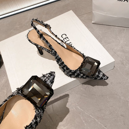 YX stiletto heel French small fragrant style toe toe sandals for women 2026 autumn new temperament pointed back hollow single shoes tweed