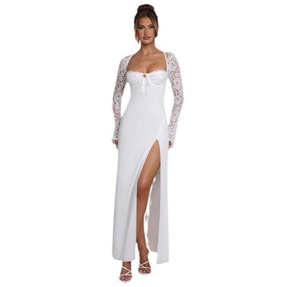 Cross-border Amazon European and American women's autumn and winter new lace spliced long sleeve sexy slit slim dress dress