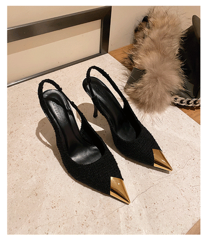 XD Huizhou City Autumn New Patent Leather Single Shoes Woolen Shoes Black Thin Heel European and American Fashion Temperament Metal Pointed Toe