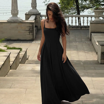 2025 cross-border new European and American style women's fashion solid color U-neck pleated waist long sexy camisole dress