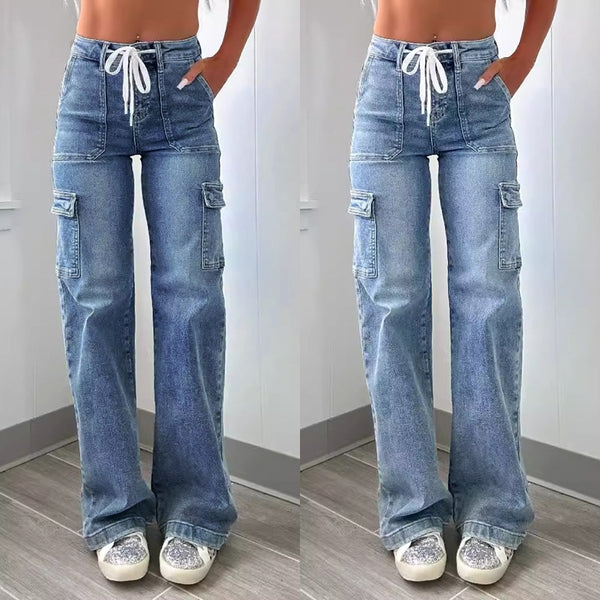 Factory direct sales 2025 new straight leg jeans women's American casual lace-up multi-pocket functional cargo pants in stock