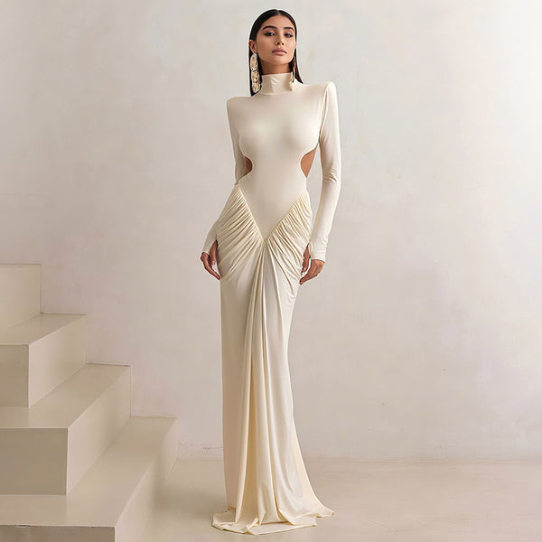 Cross-border autumn and winter new women's high-neck temperament long dress skirt fashionable solid color sexy backless dress for women | Ciaura