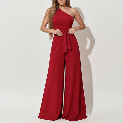 Cross-border foreign trade European and American clothing 2026 new solid color cross-collar off-shoulder lace-up high-waisted wide-leg European and American jumpsuit for women