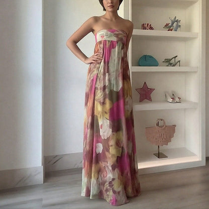 2026 spring new cross-border European and beautiful women's clothing sexy printed bandeau dress temperament commuter fashion long skirt