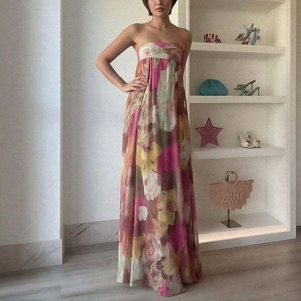 2026 spring new cross-border European and beautiful women's clothing sexy printed bandeau dress temperament commuter fashion long skirt