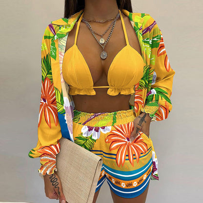 2026 Amazon AliExpress independent station new sexy European and beautiful solid color shorts fashion three-piece set
