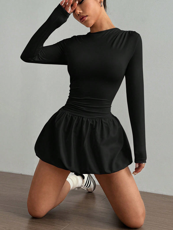 Customized European and American temperament slim long sleeve dress black knitted elastic lantern skirt women's clothing to picture mass processing