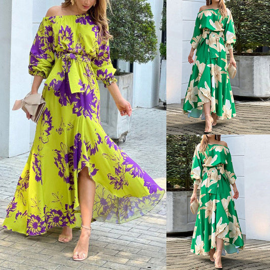 2026 spring new cross-border European and American fashion casual color contrast print splicing pleated waist dress long skirt women