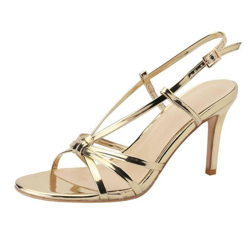 WO Huizhou New Patent Leather Stiletto Heel Sandals Gold European and American Open Toe Versatile Temperament Fashionable and Beautiful Round Toe
