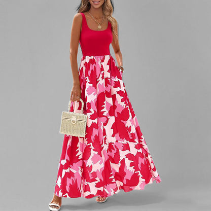 2025 Summer Amazon Cross-border European and American Fashion Temperament Elegant Fashion Printed Suspender Long High-Waisted Dress