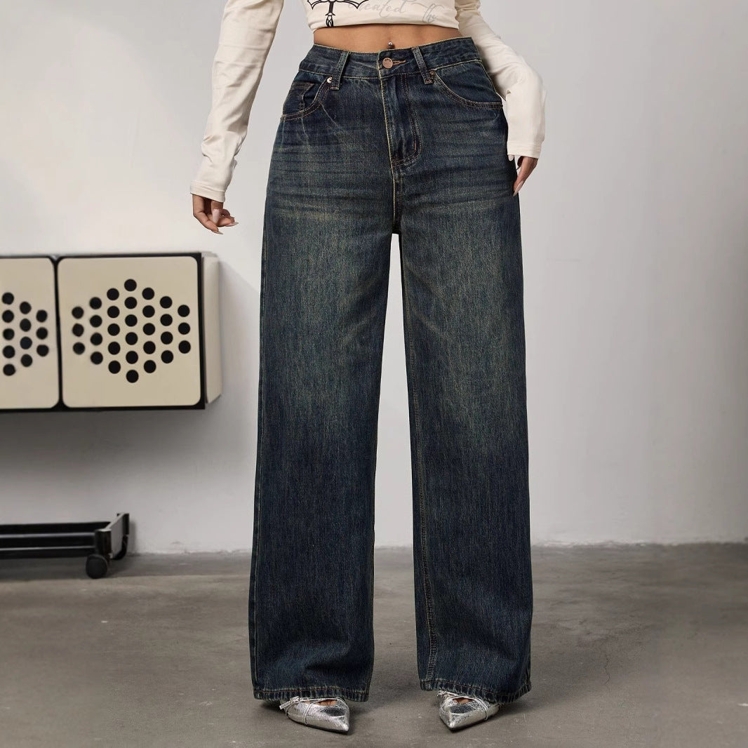 Nostalgic retro American wide-leg jeans women's spring 2025 new loose high-waisted straight-leg pleated floor-length pants