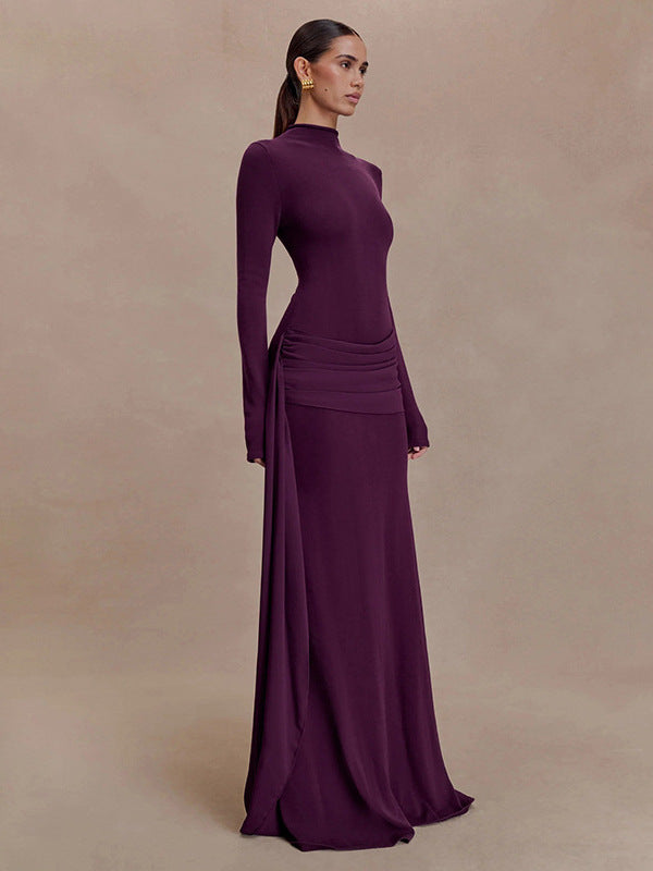 Foreign trade autumn and winter new European and beautiful women's clothing celebrity style solid color high collar long sleeve streamer pleated buttocks temperament dress skirt - view 2 | Ciaura