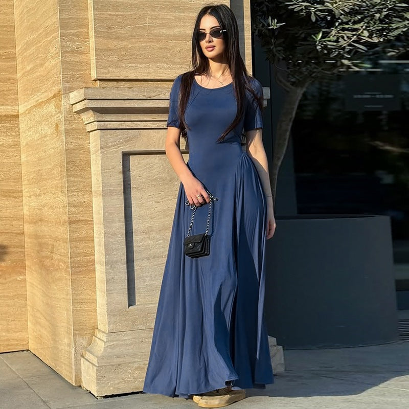 European and American women's autumn and winter new solid color waist temperament long skirt fashionable crew neck short sleeve slim swing dress