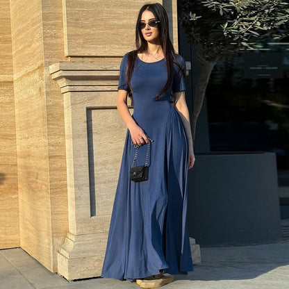 European and American women's autumn and winter new solid color waist temperament long skirt fashionable crew neck short sleeve slim swing dress
