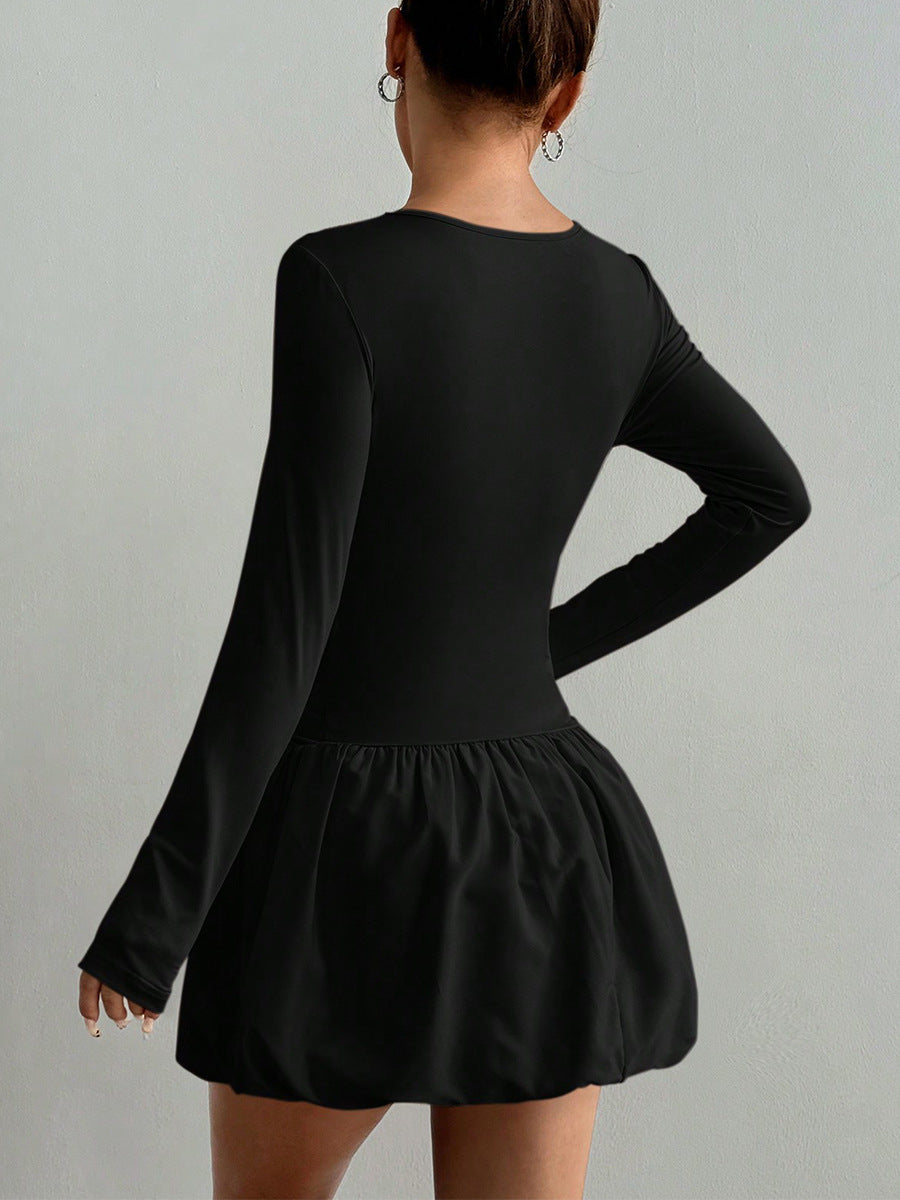 Customized European and American temperament slim long sleeve dress black knitted elastic lantern skirt women's clothing to picture mass processing