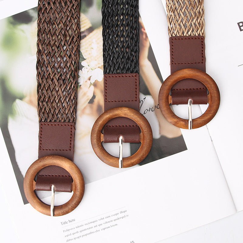 Cool belt custom ladies braided belt wooden buckle fashion versatile dress decorative belt simple pin buckle manufacturers