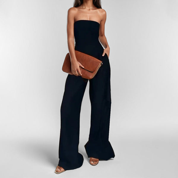 2026 spring new cross-border European and beautiful clothing temperament elegant solid color high-waisted bandeau wide-leg jumpsuit | Ciaura
