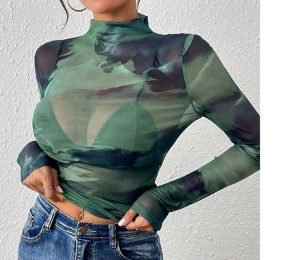 Cross-border 2025 spring and autumn new niche design slim long-sleeved top spliced with gradient color sexy long-sleeved top thin
