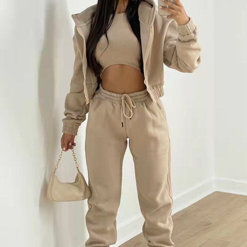 2025 cross-border new European and American three-piece suit trousers loose fashion casual hooded sports sweatshirt set