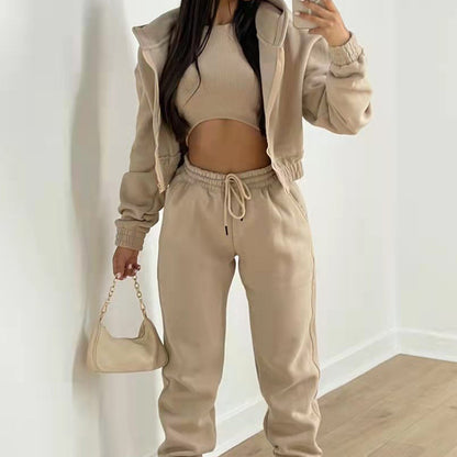 2025 cross-border new European and American three-piece suit trousers loose fashion casual hooded sports sweatshirt set