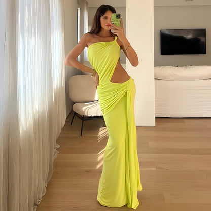Cross-border foreign trade 2025 summer new European and American clothing sexy one-shoulder open back pleated slim hip dress for women
