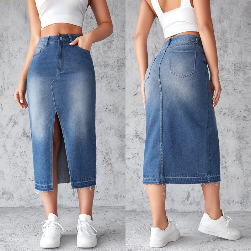 Spot factory direct sales Europe and the United States cross-border blue denim skirt skirt women's slit hip A-line skirt slim long skirt