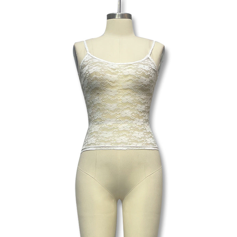 European and American hot girl fashion plum blossom shape lace large U-neck suspender niche sexy see-through slim top wholesale