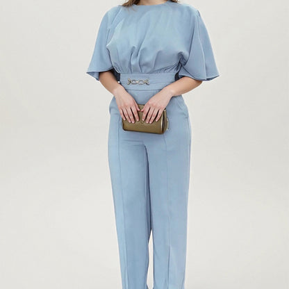 Amazon cross-border European and American clothing 2025 summer fashion crew neck solid color high-waisted elegant temperament wide-leg jumpsuit