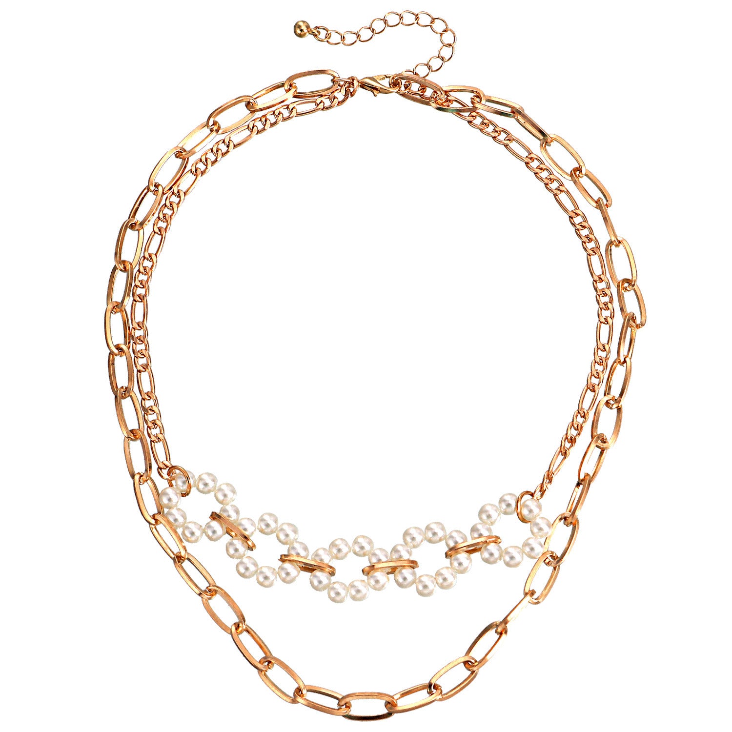 European and American cross-border jewelry, double-layer paper clip, slub chain, pearl flower necklace, women's ins-style anchor necklace