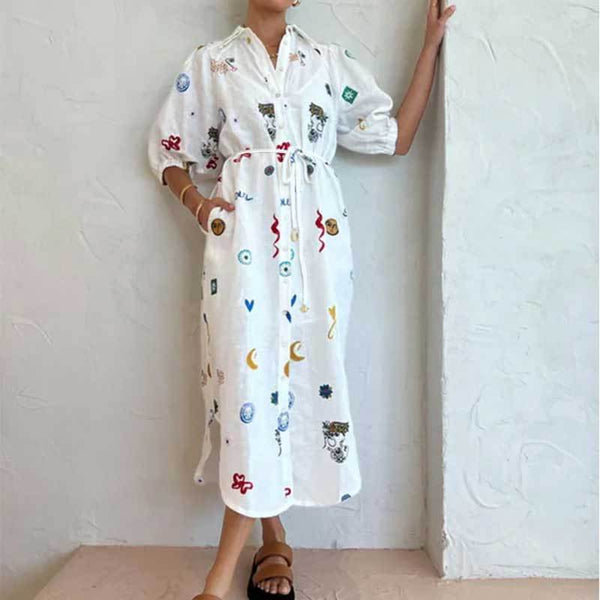 2026 European and American clothing AliExpress new product printed lapel long waist lace-up shirt European and American dress 661