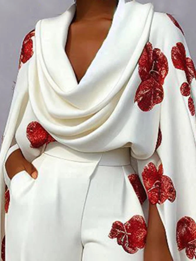 Comércio exterior transfronteiriço europeu e roupas bonitas estação independente novos produtos impressos gola pilha manga longa conjunto de calças de duas peças