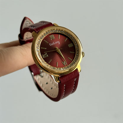 GoGoey Douyin Popular Vintage Round Chanel Light Luxury High-End Diamond-Encrusted Belt Women's Watch for Middle and High School Students