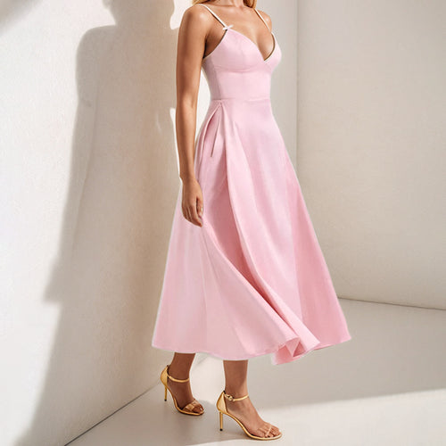 2026 spring new European and American V-neck sexy design long skirt court-style dopamine wearing slip dress