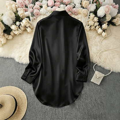 2026 AliExpress European and American Cross-border Bestseller: Four-season fashionable minimalist irregular long-sleeve shirt satin shirt