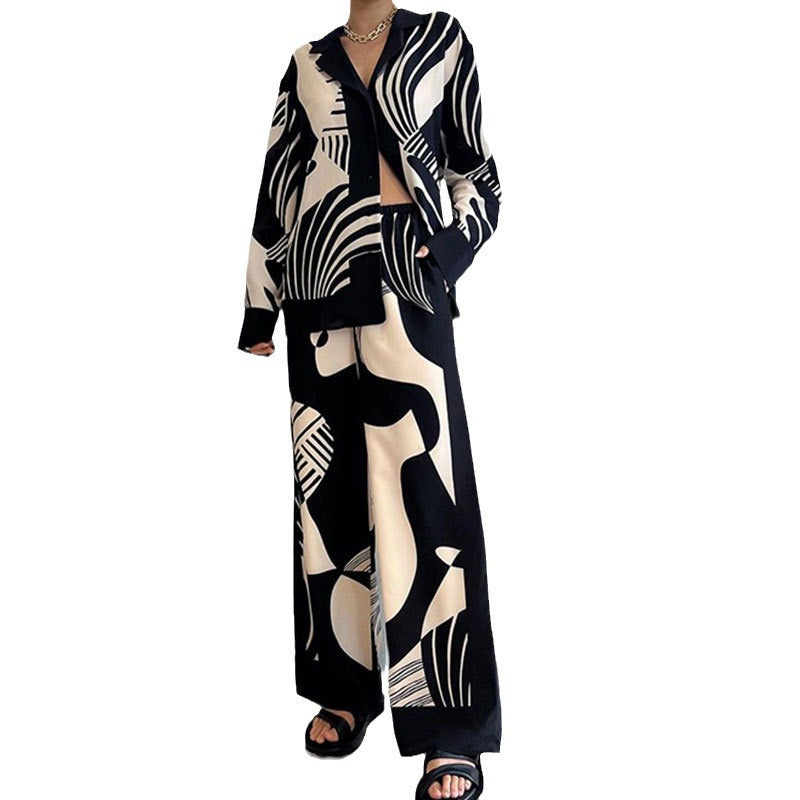 2026 spring new cross-border European and American clothing trendy fashion printed suit long cardigan straight-leg pants two-piece set
