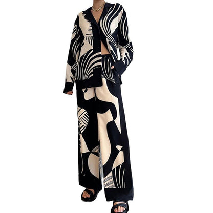 2026 spring new cross-border European and American clothing trendy fashion printed suit long cardigan straight-leg pants two-piece set