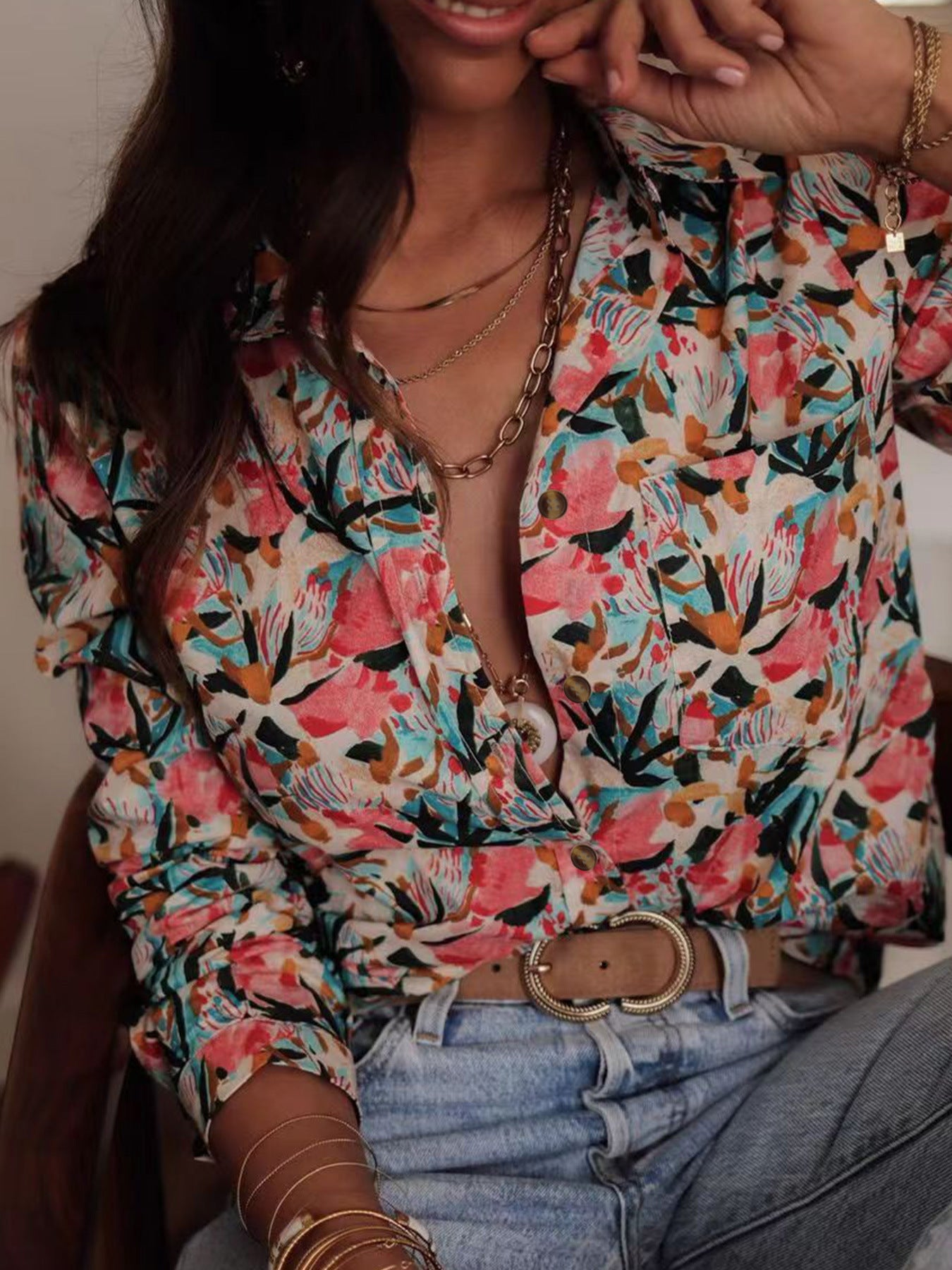 Cross-border foreign trade spring artistic print long-sleeve plus-size shirt for women, lapel loose single-breasted shirt top