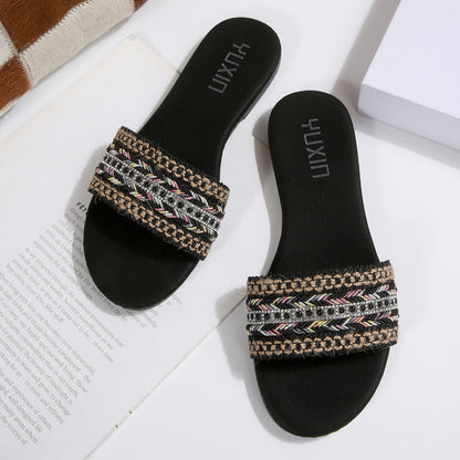 European and American cross-border women's shoes, export fashion slippers, classic versatile ethnic style webbing decoration, round-toe flat sandals