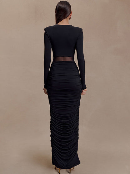 Foreign trade autumn and winter new European and beautiful fashion solid color deep V sexy waist folds waist and hip wrap dress women