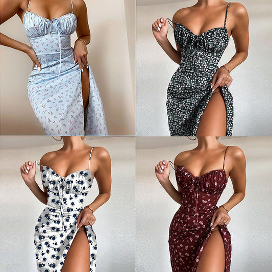 2026 Amazon European and American foreign trade women's cross-border fashion floral sexy lace-up waist slit slip dress