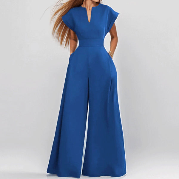 2026 Amazon European and American foreign trade women's loose fashion elegant short-sleeved V-neck solid color wide-leg European and American jumpsuit - view 2 | Ciaura