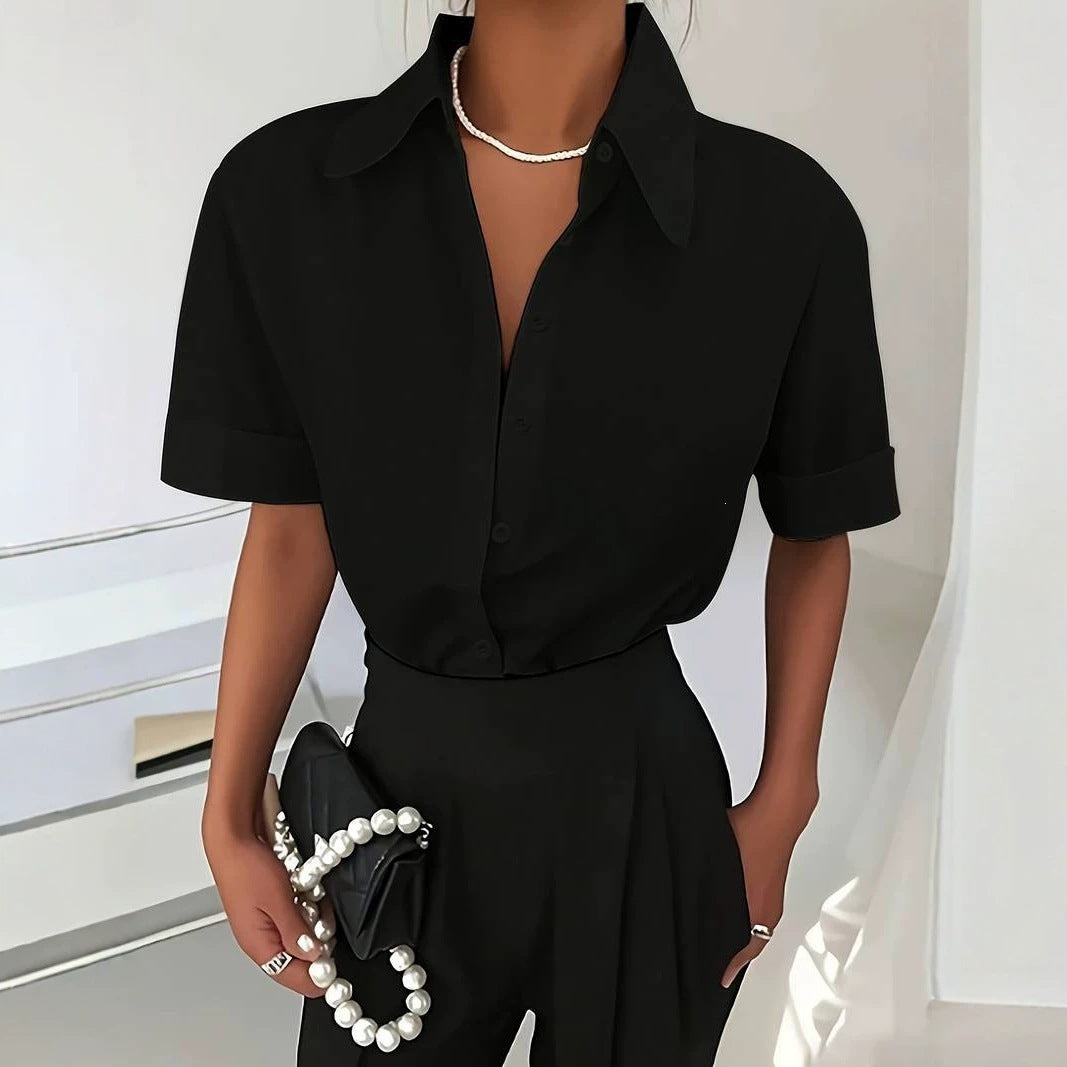 Cross-border European and American short-sleeved shirt for women, summer French-style drapey temperament, light luxury high-end short-sleeved shirt top