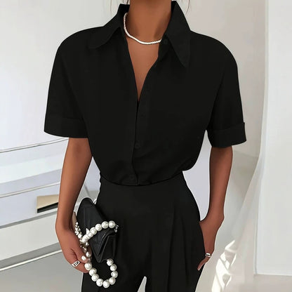 Cross-border European and American short-sleeved shirt for women, summer French-style drapey temperament, light luxury high-end short-sleeved shirt top