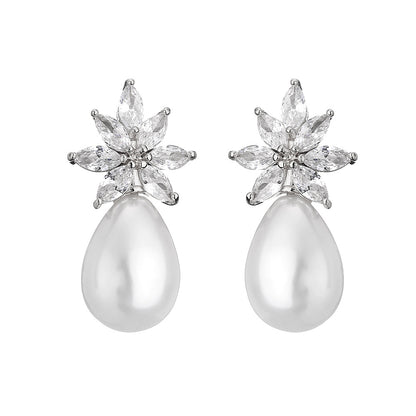 Cross-border bestseller: floral water drop faux pearl stud earrings with diamonds and zircon earrings, light luxury high-end accessories, wedding banquets