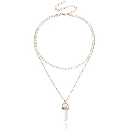 European and American cross-border jewelry fashion simple prismatic hexagonal column pendant necklace women's transparent glass bead chain necklace